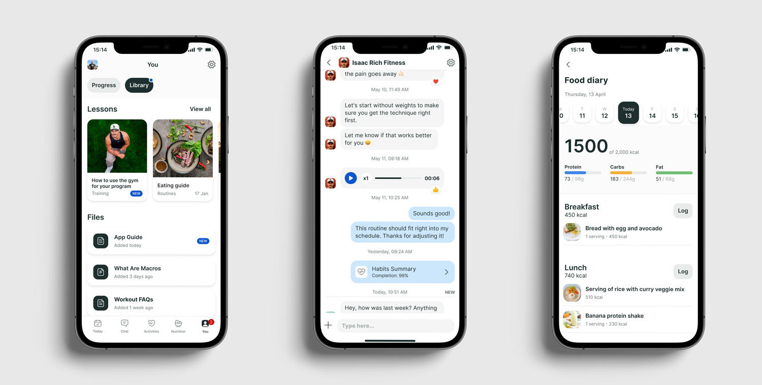 A mockup of the coaching app showcasing the different features.